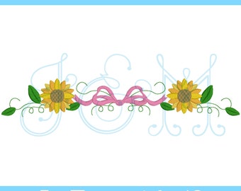 Sunflower with Heirloom Bow and Vines Border Frame Satin Stitch Bean Stitch Vintage Style Machine Embroidery Design