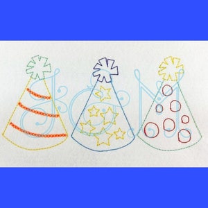 May include: Three embroidered party hats with different designs. The first hat is yellow with orange stripes, the second is blue with yellow stars, and the third is red with white polka dots.