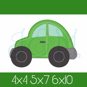 May include: Green car applique with black wheels and a white door. The applique is available in four sizes: 4x4, 5x7, 6x10.