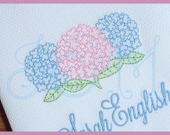 Hydrangea Flower Floral Bundle of Three Bouquet Sketch Fill Bean Stitch Outline Vintage Style Machine Embroidery Design