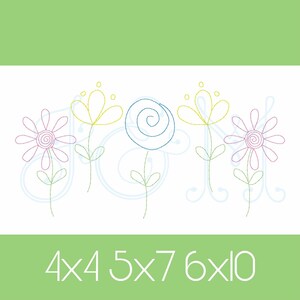 May include: A digital embroidery design featuring four stylised flowers in blue, pink, yellow, and green. The design includes the text "4x4 5x7 6x10".