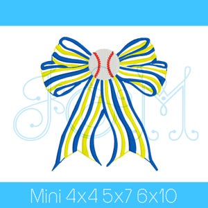 May include: A yellow and blue striped bow with a baseball in the center. The bow is tied with a blue ribbon. The baseball is red, white, and yellow. The image includes the text "Mini 4x4 5x7 6x10".