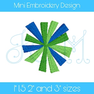 Puede incluir: Un diseño de bordado de molinillo azul y verde, disponible en tamaños de 1.5", 2" y 3".