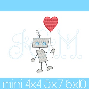 Love Robot with Heart Balloon Valentine Sketch Fill Bean Stitch Outline Vintage Style Machine Embroidery Design