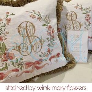 Pink Floral Flower Wreath with Bow Watercolor Sketch Fill Bean Stitch Outline Frame Vintage Style Machine Embroidery Design