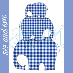 May include: Three blue and white gingham fabric elephants stacked on top of each other. The elephants are sewn with a simple design and have gray eyes.