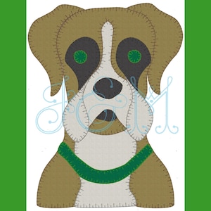 May include: A fabric dog applique with brown, white, and black patches, green eyes, and a green collar. The dog's features are stitched with dark thread, and the design is set against a white background with a green border.