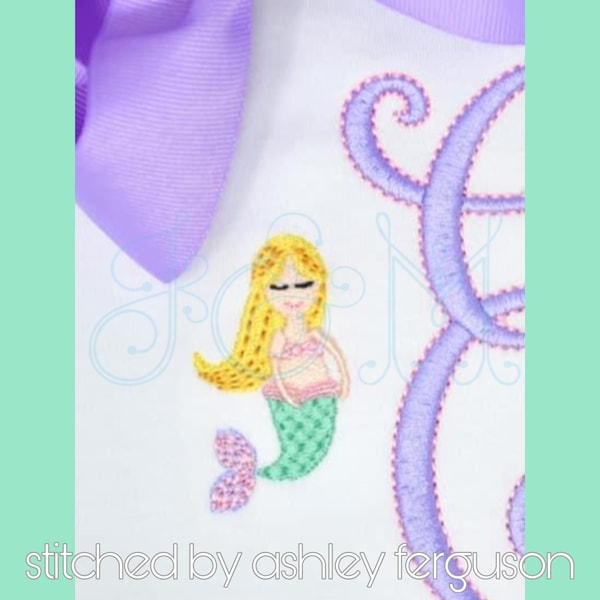 Sweet Mermaid Mini Fill and Satin Motif Monogram Add On Outline Vintage Style Machine Embroidery Design