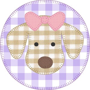 May include: A brown and white gingham dog with a pink bow on its head. The dog is on a purple and white gingham background.