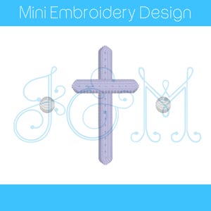 May include: A light purple cross embroidery design with a detailed stitched texture. The design is centered on a white background, with the text "Mini Embroidery Design" at the top. Decorative swirls and spheres are on either side.
