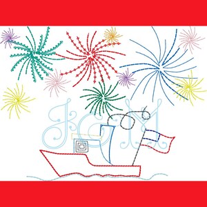 May include: A blue and white sailboat with the word "Joy" stitched in cursive above it. The sailboat is surrounded by colorful fireworks.
