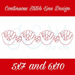 Könnte beinhalten: Kontinuierliches Stichlinien-Design von Baseballhandschuhen, die Baseballs fangen. Das Design ist in Rot und enthält den Text "5x7 und 6x10".