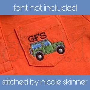 May include: Orange fabric with a pocket featuring an embroidered green jeep with the text "GFS" above it.