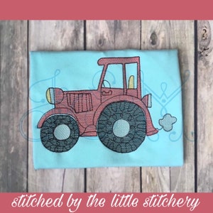 May include: A red tractor with black wheels and a light blue background. The tractor has a yellow exhaust pipe and a white window.