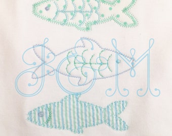 Appliqué mixte empilé trois poissons et motif de broderie d'inspiration vintage contour de point de haricot