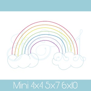 Pode incluir: Um arco-íris com sete cores, vermelho, laranja, amarelo, verde, azul, anil e violeta, com nuvens de cada lado. O arco-íris é delineado com uma linha pontilhada. O texto "Mini 4x4 5x7 6x10" está abaixo do arco-íris.