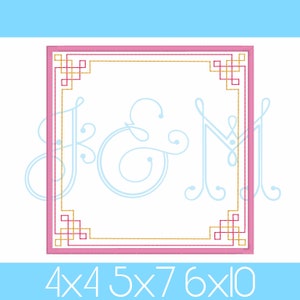 Fretwork Two Color Square Chinoiserie  Border Monogram Frame Bean and Satin Stitch Vintage Style Machine Embroidery Design