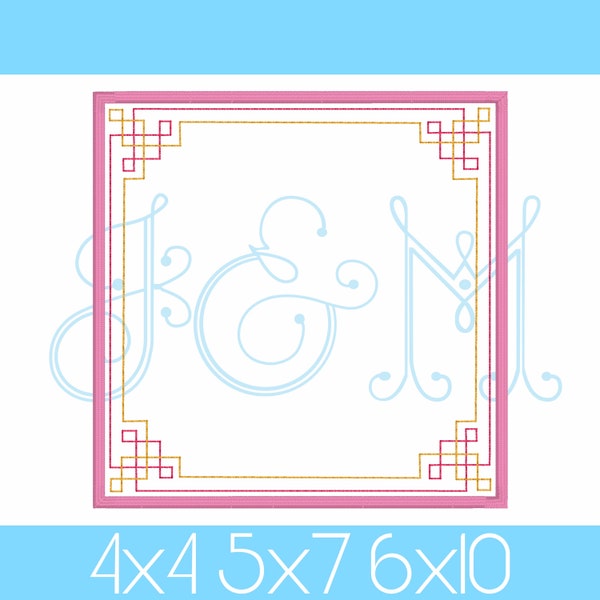 Fretwork Two Color Square Chinoiserie  Border Monogram Frame Bean and Satin Stitch Vintage Style Machine Embroidery Design