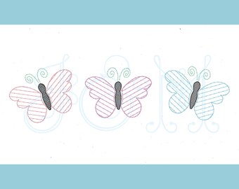 Butterfly Trio Sketch Stripe Line Horizontal Row of Three Vintage Stitch Sketch Machine Embroidery Design