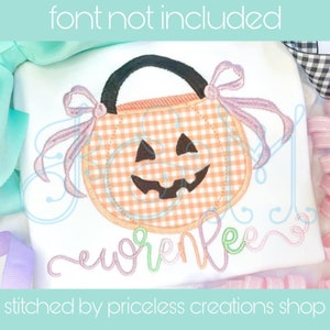 Girly Halloween Pumpkin Trick or Treat Candy Bucket with Side Bows Classic Satin Stitch Applique Vintage Style Machine Embroidery Design