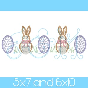 May include: Three brown bunnies with pink bows holding pastel blue and white patterned Easter eggs. The bunnies are in front of a green grass and blue swirl design.