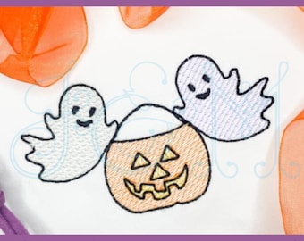 Halloween Ghost Cutie con truco o trato cubo de calabaza Trío Boceto Relleno de puntada de frijol Contorno Estilo vintage Máquina Bordado Diseño