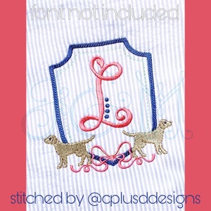 Simple Girly Puppy Dog with Bow Lab Monogram Crest Frame Fill and Satin Stitch Vintage Style Machine Embroidery Design