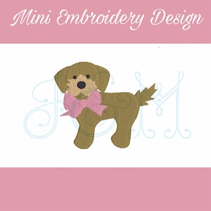 May include: Embroidered design of a brown dog wearing a pink bow. The dog is standing on a white background with blue swirls.