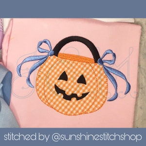 Girly Halloween Pumpkin Trick or Treat Candy Bucket with Side Bows Blanket Stitch Applique Vintage Style Machine Embroidery Design