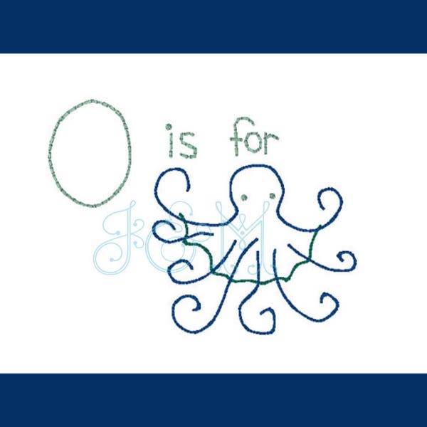 O is for Octopus (boy) Bean Stitch Outline Quick Running Stitch Vintage Style Machine Embroidery Design