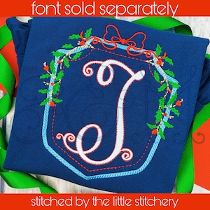 Noel Bow Holly Leaf and Berry Christmas Monogram Crest Frame Satin Stitch Border Vintage Style Machine Embroidery Design