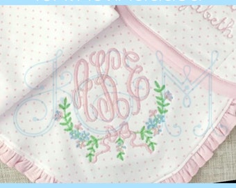 Evy Heirloom Floral Flower with Ribbon Bow Monogram Frame Border Vintage Style Machine Embroidery Design