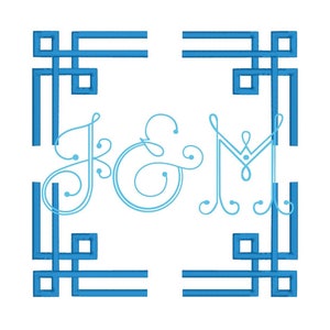 May include: A blue and white monogram design with the letters "J & M" in a decorative script font. The monogram is framed by a blue geometric border.