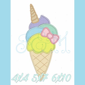 Rainbow Unicorn Ice Cream Cone Satin Stitch Applique Vintage Style Machine Embroidery Design