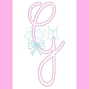 May include: Pink and blue embroidered monogram with a bow. The monogram is for the initials J & M.