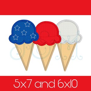 Patriotic July Fourth Ice Cream Cone Trio Bundle of Three with Stars Satin Stitch Applique  Vintage Style Machine Embroidery Design