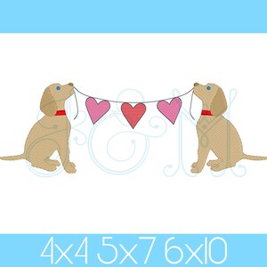 May include: Two brown dogs with red collars are holding a string of pink heart-shaped decorations.
