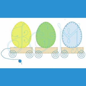 Easter Egg Pull Toy Trio Line of Three Train Applique Blanket Stitch Vintage Style Machine Embroidery Design 5x7