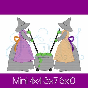 Halloween Two Witches Brewing Cauldron Sketch Fill Bean Stitch Outline Quick Stitch Vintage Style Machine Embroidery Design