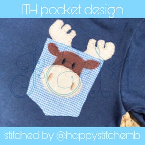 ITH - In the Hoop Moose Face Working Pocket Blanket Stitch Applique Vintage Style Machine Embroidery Design