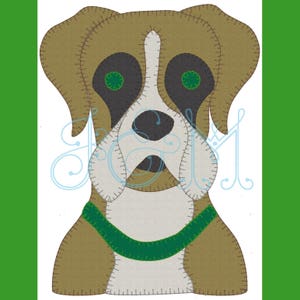 May include: A brown and white boxer dog with green eyes wearing a green collar. The dog is looking straight ahead with a serious expression.