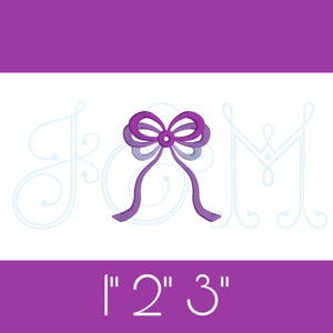 May include: A purple bow with a white center and a light blue background. The bow is in the center of the image with the text "1" "2" "3" below it.