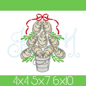 Oyster Shell Coastal Christmas Tree Topiary with Bucket and Long Tail Bow Sketch Fill Bean Stitch Vintage Style Machine Embroidery Design