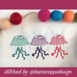 Doodle Jellyfish Trio Chain Stitch Sea Animal Creature Ocean Line of 3 Row Sketch Fill Bean Stitch Vintage Style Machine Embroidery Design image 1