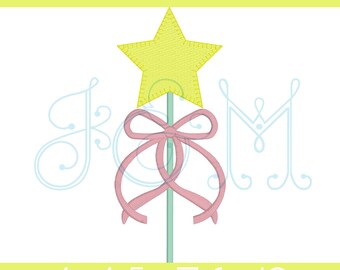 Star Magic Fairy Princess Wand with Bow Blanket Stitch Applique Vintage Style Machine Embroidery Design