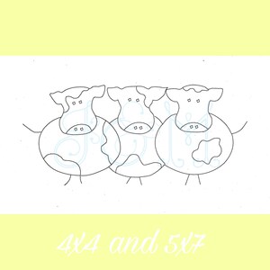 May include: Three black and white cartoon cows with swirls and spots, standing side by side. The text "4x4 and 5x7" is below the cows.