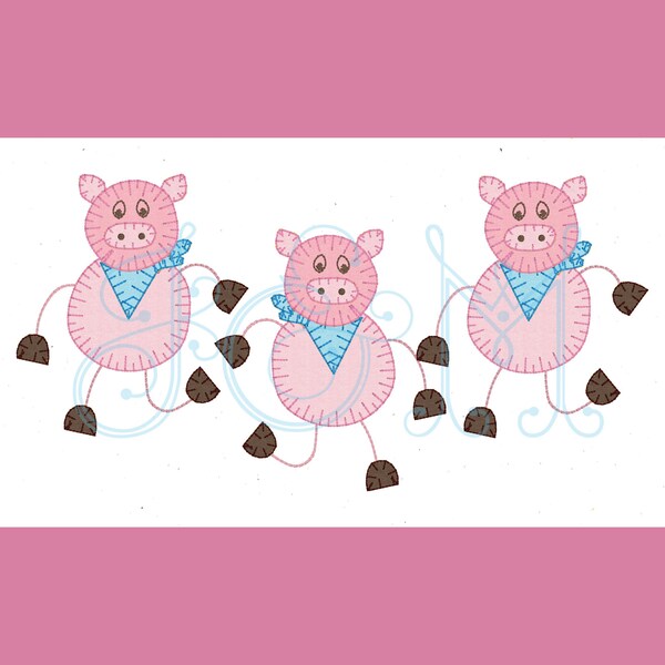 Dancing Pig Trio Vintage Style Applique Embroidery Design