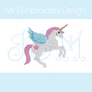 May include: A white unicorn with pink mane and tail, blue wings, and a gold horn. The unicorn has a pink star on its side and is standing on its hind legs. The unicorn is in front of the text "ROM" in a cursive font.