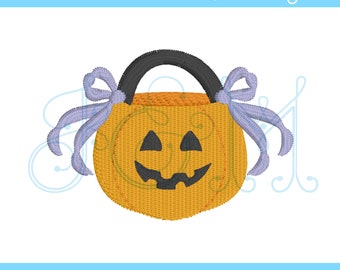 Girly Halloween Candy Pumpkin Trick or Treat Bucket with Side Bows Mini Fill Motif Vintage Style Machine Embroidery Design