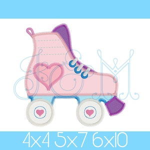 May include: Pink roller skate with blue wheels and a purple toe cap. The skate has a heart design on the side and a heart on each wheel.